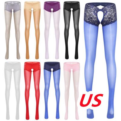 US Women See-through Floral Lace Tights Cutout Pants Glossy Crotchless Pantyhose